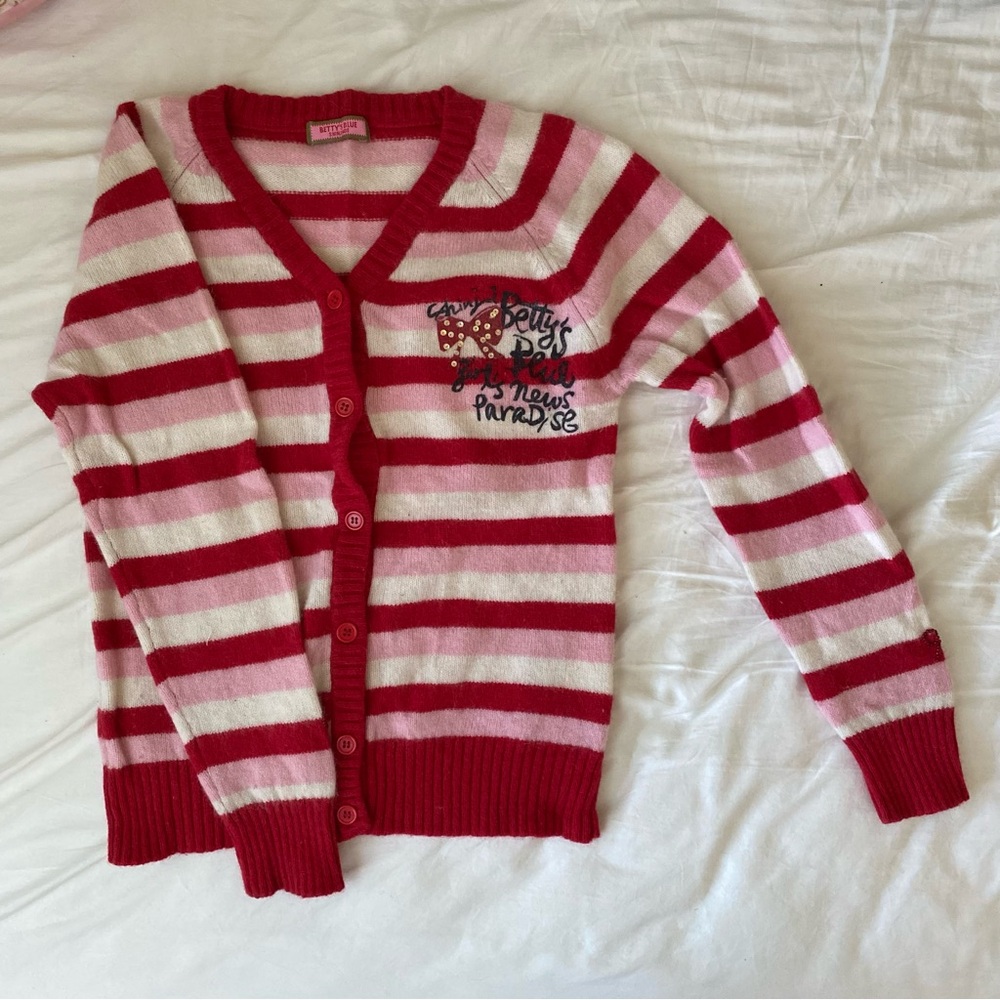 Y2K Japan Betty’s Blue striped fuzzy button cardigan